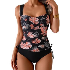 B2prity Tankini Swimsuits for Women Tummy Control Two Piece Bathing Suit High Waisted Wrap Swim Suit with Bottom Swimwear (Small, Light Pink Floral, Black)