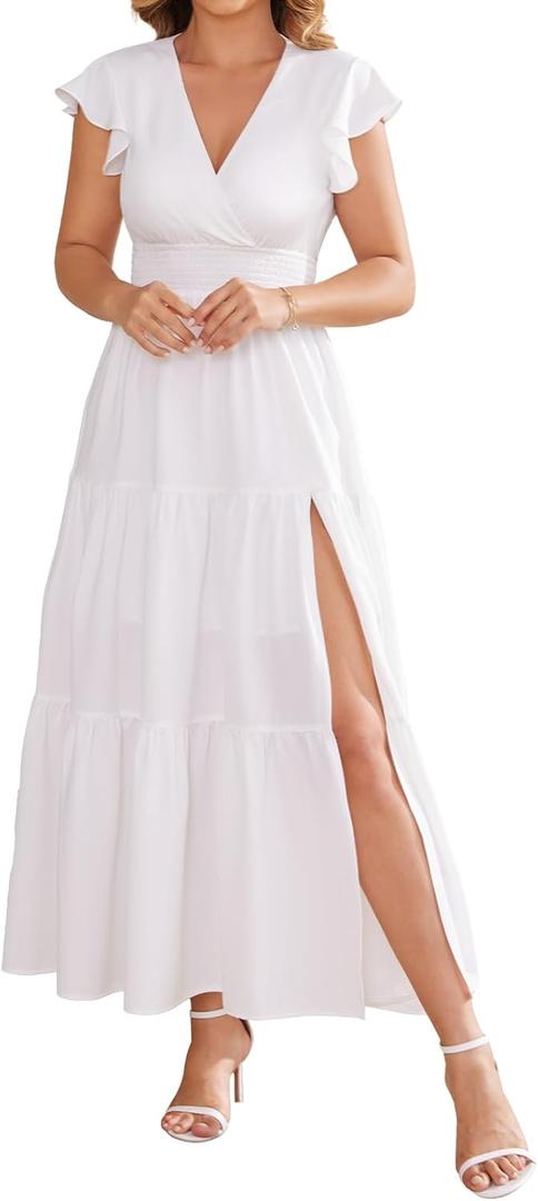 CosySun Summer Split Tiered Dress - A-Line Flowy Tiered Maxi Dress : 2025 Causal Wrap V Neck Beach Sundress XXL (White)