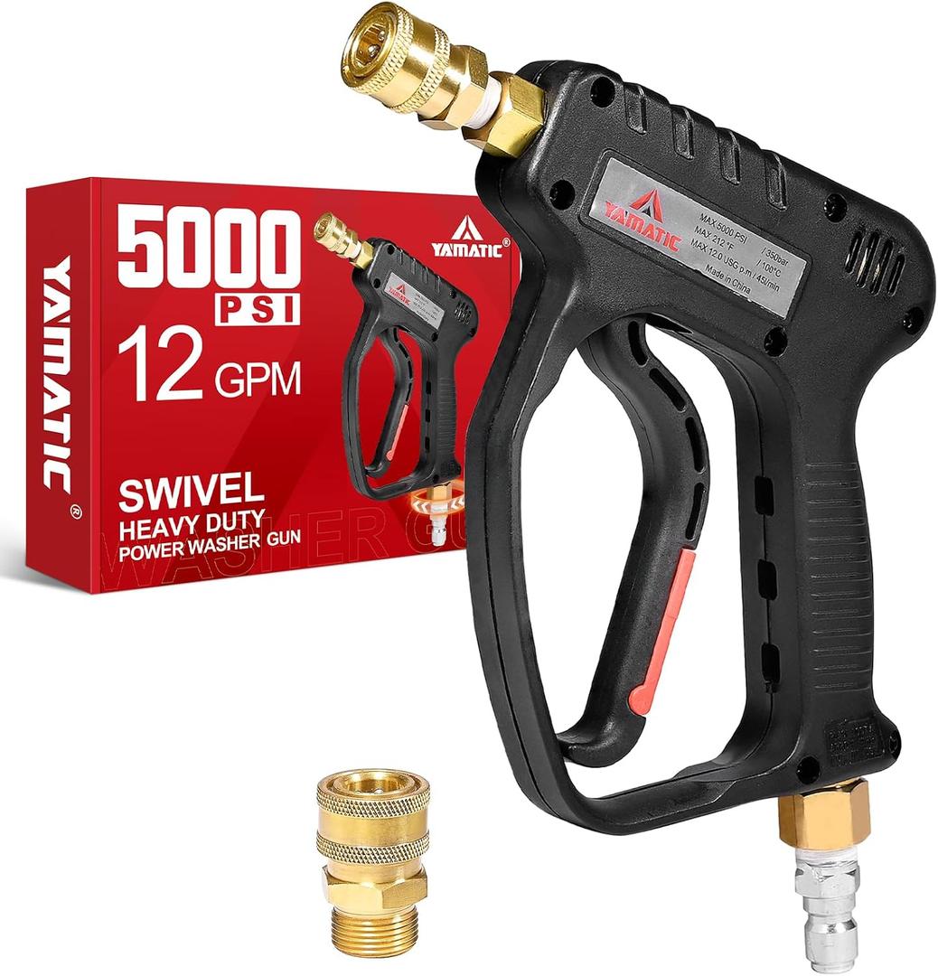 YAMATIC Short Pressure Washer Gun with Swivel, 5000 PSI Power Washer Wand Stubby Trigger Handle with 3/8" Plug & M22-14mm Male Inlet, 1/4" Quick Connect Outlet for Foam Cannon Car Wash Solid Brass, Short Gun