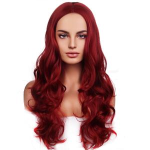 RightOn Red Wig Long Wavy Wig Charming Full Synthetic Wigs for Women Natural Long Curly Wine Red Wigs with Hairnet