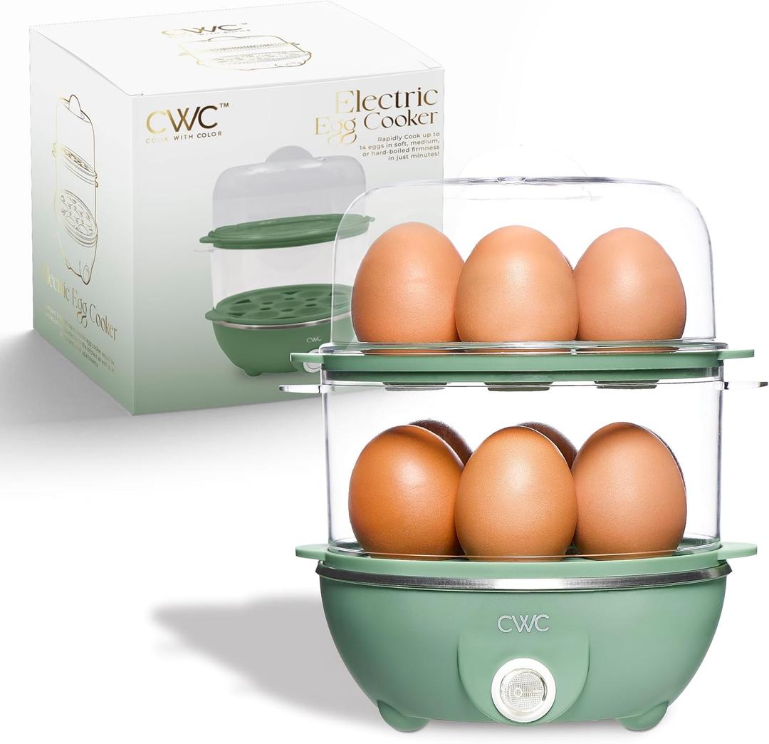COOK WITH COLOR 350W Electric Double Layer Egg Cooker - Egg Boiler for Hard Boiled, Soft Boiled, and Omelettes, 6.1x6.1x8.7, Dark Sage