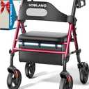HOMLAND Foldable Rollator Walkers with Seat for Seniors, 8'' Big Wheels, 350 lb. Weight Capacity, Adjustable Handles and Seat Height, Lightweight Rolling Walker, Red