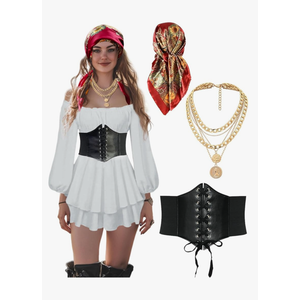 Women Pirate Costume Dress with Corset Accessories Long Sleeve Romper Short Off Shoulder Dress
Size -S