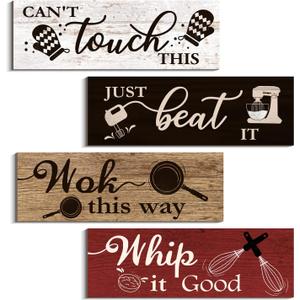 4 Pcs Kitchen Wall Decor Signs, Funny Wood Home Sign, Rustic Farmhouse Wall Hanging Art for Kitchen Dining Room Decoration (Retro Style-A, 4 x 11.8 inch x 4pcs)