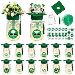 12 Sets Graduation Decorations Mason Jar Graduation Tables Centerpieces for Class of 2026 with Graduation Cap with Hole and Tasse for Flowers Graduation Party Ceremony School Event Decor (Green)