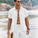 COOFANDY Men's Summer Beach Outfits 2 Piece Short Sleeve Shirts and Shorts Vacation Texture Linen Sets for Men (White, M)