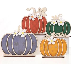 Leinuosen 4 Pcs Thanksgiving Fall Pumpkin Decoration Wooden Tabletop Signs Pumpkin of 4 Size, Autumn Table Centerpieces Season Tray Decor for Halloween Harvest Home Room Decoration(Earthy Colors)