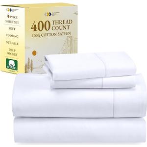 California Design Den King Size Sheets Set - Soft 400 Thread Count Sateen, Natural 100% Cotton Sheets King Size, Deep Pockets with All Around Elastic for a Snug Fit, Cool & Durable Bedding - White