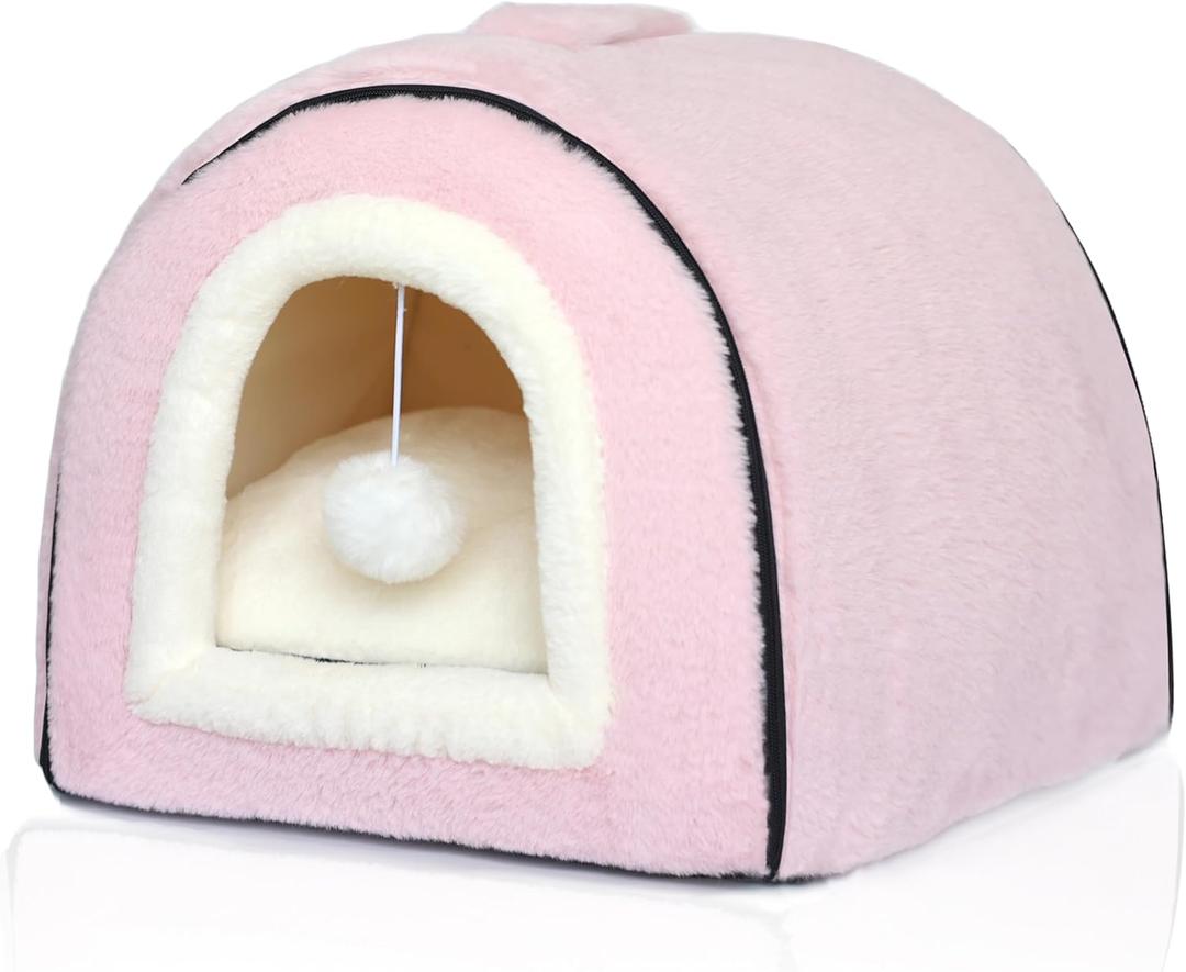 Cat Bed for Indoor CatsFoldable cat caveAnti-Slip & Water-Resistant Bottomcat Houses for Indoor Cats or Small Dogs, Kitten Tent, Rabbit Bed2 in 1 pet Bed (Pink)