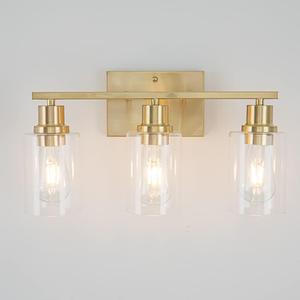 EMONG Gold Bathroom Light Fixtures, 3-Lights Vanity Light with Clear Glass Shade, Brushed Brass Wall Sconce for Hallway, Farmhouse, Living Room (AM-70050-3-BR)