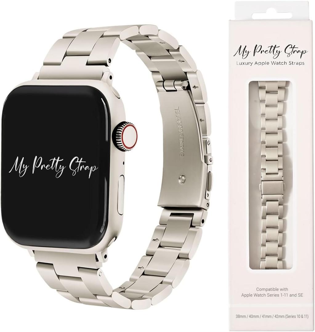 My Pretty Strap - Compatible Apple Watch Band Strap, Stainless Steel Fashion iWatch Replacement Strap- Easy Resizing, No Tool Needed, Fits Most Wrists- Compatible with Series 1-11, SE and Ultra (Series 1-3 - 42MM), Classic Vogue Starlight)