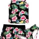 uideazone 3 Piece Bathing Suits for Girls Dry Quick Hawaiian Tropical Style Swimsuit with Shorts Flower Racerback Tankini Swimwear Sets 10t -11t