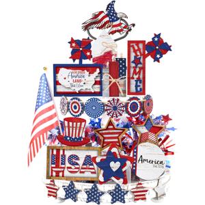 25 Pcs 4th of July Tiered Tray Decor Set Patriotic Table Decorations Red White Blue Memorial Day Wooden Sign Farmhouse USA Flag Star 250th Anniversary Sign for Labor Day Shelf Home(Charming)