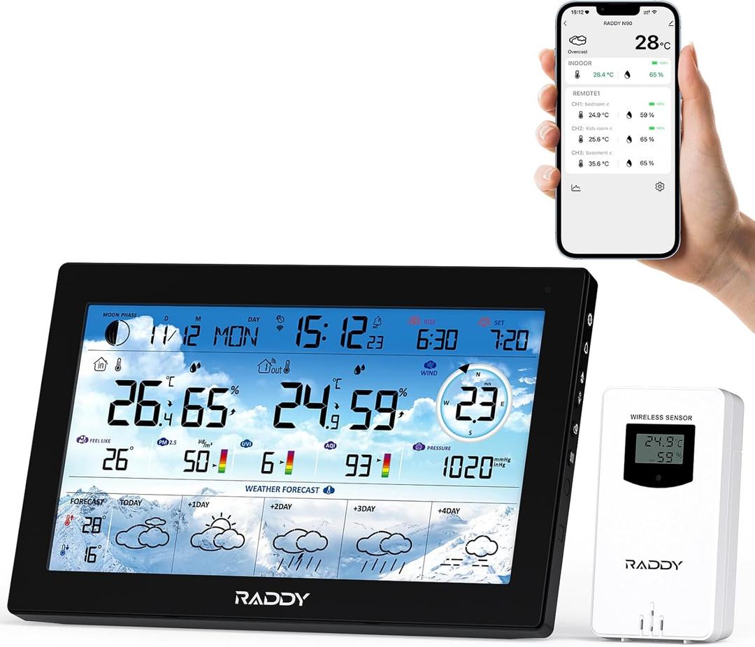 Raddy N90 Wi-Fi Weather Station with 8.8" Display, Smart App Connectivity, Indoor Outdoor Thermometer with Wireless Sensor, Temp & Humidity Monitor, PM2.5/AQI/UVI, 5-Day Forecast, Sunrise/Sunset Time