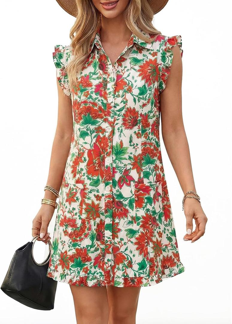 Wenrine Womens Summer Floral Mini Dress Casual Button Down Collared Ruffle Loose Boho Beach Shirt Dresses with Pockets (M)
