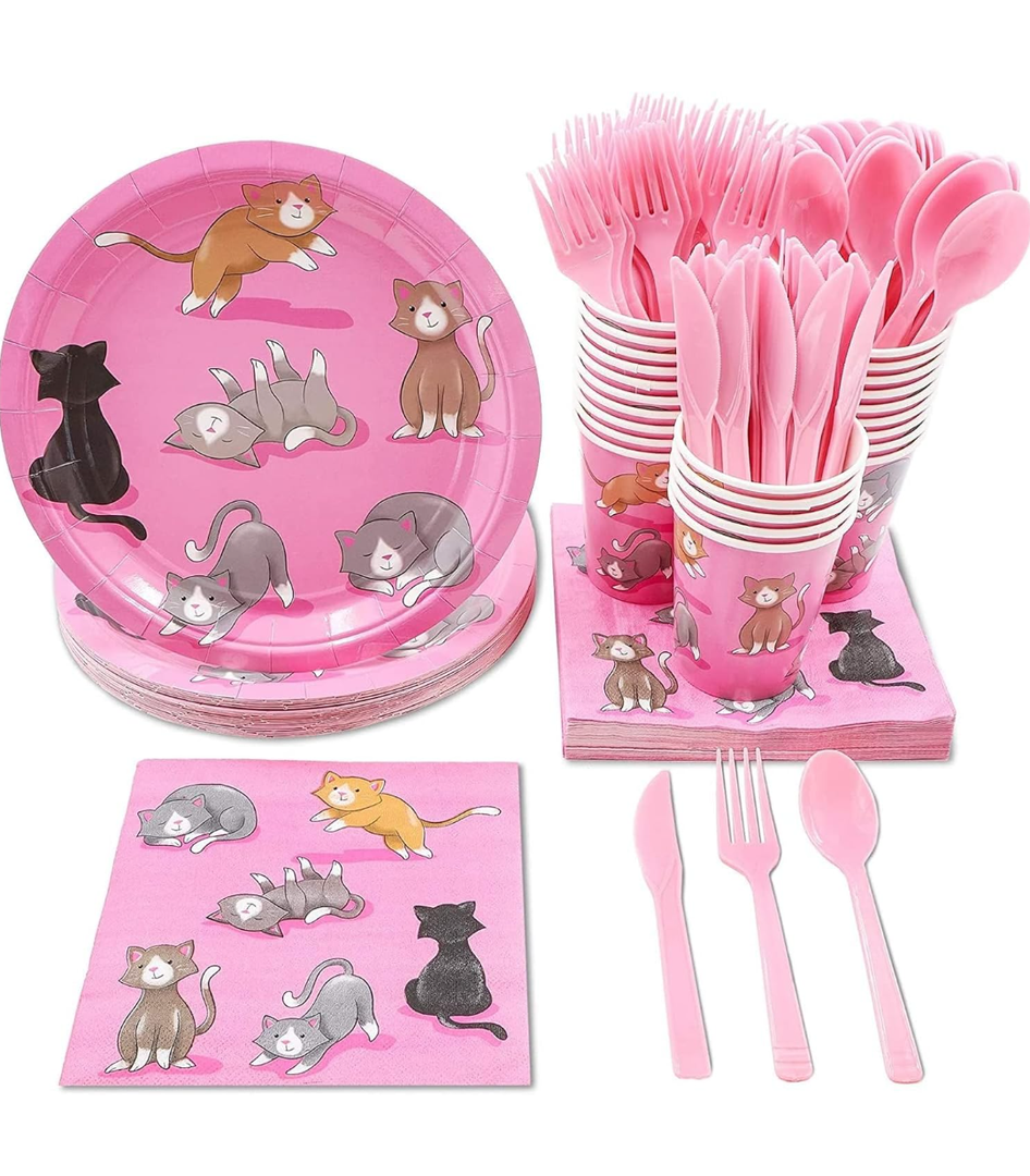 Sustainable Greetings Cat Birthday Party Supplies, Paper Plates, Napkins, Cups and Plastic Cutlery (Serves 24, 144 Pieces) - Cat Birthday Decorations - Kitten Party Decorations