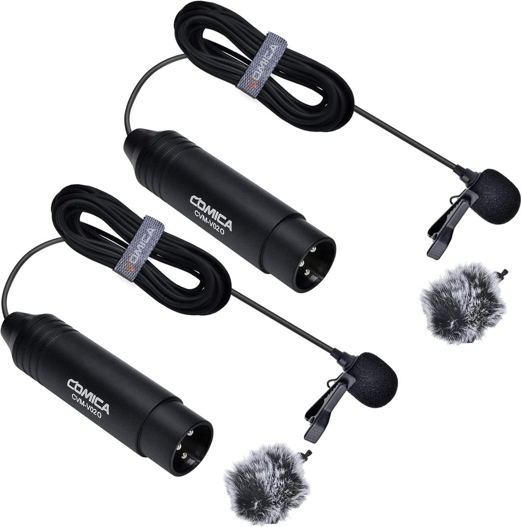 COMICA XLR Microphone CVM-V02O 2 Pack 14.76 fts Phantom Power Omni-Directional Lavalier Lapel Microphone for Canon Sony Panasonic Camcorders Zoom H4n H5 H6 Tascam DR-40 DR-60D DR-70D DR-100 Recorders