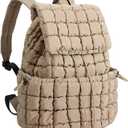 XSUIOY Quilted Backpack Purse for Women Small Lightweight Puffer Puffy College Laptop Backpack Nylon Casual Bookbag Daypack Top Flap Drawstring Padding Hiker Travel Gym Backpack(Khaki)