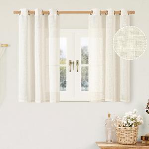 LAMIT Short Window Linen Curtains 40 Inch Length for Kitchen, Semi Sheer Light Filtering Neutral Window Curtains Farmhouse Boho Bronze Grommet Panels for RV Camper, Cream Ivory, 2 Panels, 34 x 40 Inch (34"W x 40"L (Pack of 2), Natural)