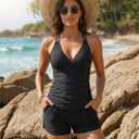 Talisea Womens Tankini Swimsuits with Shorts - Two Piece Tummy Control Bathing Suits with Pockets V Neck Swimwear Boyshorts (Black, L)