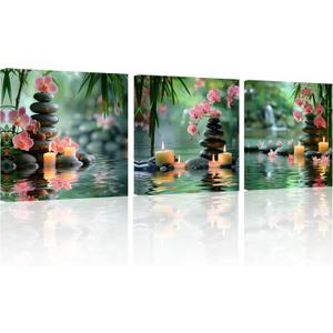 TutuBeer 3 Pcs Spa Wall Art Zen Pictures Wall Art Spa Stone Bamboo Pink Flower with Candles Pictures Zen Bathroom Art Print on Canvas for Home Decor Wall Decor Stretched and Framed 12x12inchx3