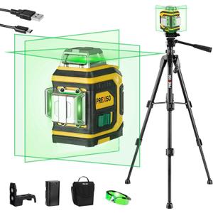PREXISO Rechargeable 360 Self Leveling Green Laser Level with Tripod, Magnetic Base, Glasses - For Construction, Tile, Home Renovation