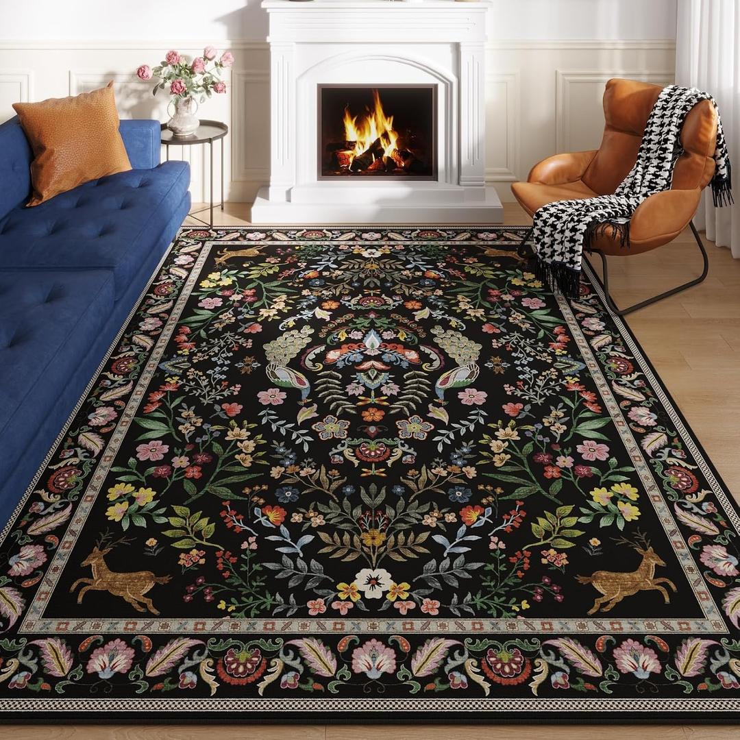 8x10 Area Rugs for Living Room Washable Rug Floral Non-Slip Large Rug for Living Room, Bedroom, Farmhouse, Dining Room, Kids Playroom (Vibrant Black)