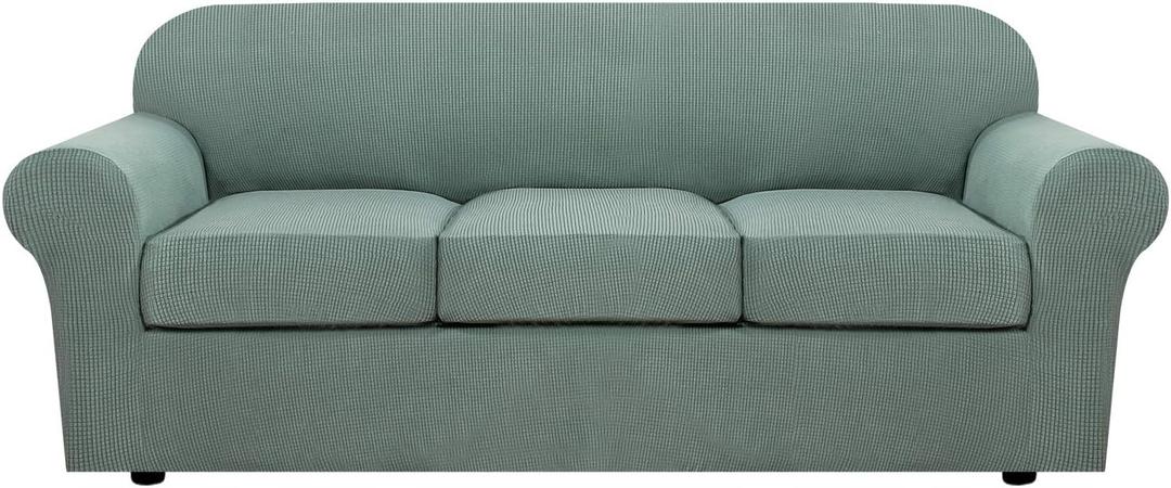 H.VERSAILTEX 4 Piece Stretch Sofa Covers for 3 Cushion Couch Covers for Living Room Furniture Slipcovers (Base Cover Plus 3 Seat Cushion Covers) Upgraded Thicker Jacquard Fabric (Sofa, Sage) Large 