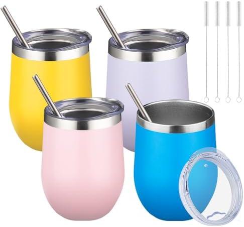12oz/4 Pack Wine Tumbler Glasses with Lid Stemless Double Wall Vacuum Stainless Steel Travel Tumbler Keeping Cold & Hot for Wine,Coffee,Cocktails,Christmas Drinks-Family and Gifts(Multi color-7)
