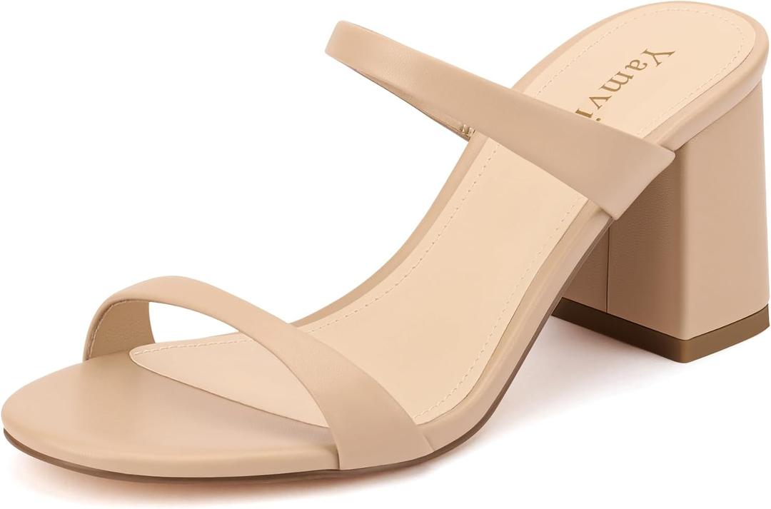 Mule Heels for Women Round Open Toe, Two Strap Heeled Sandals, 3-Inch Stable Chunky Block Heels, Summer Dress Daily shoes, Size 7, Biege