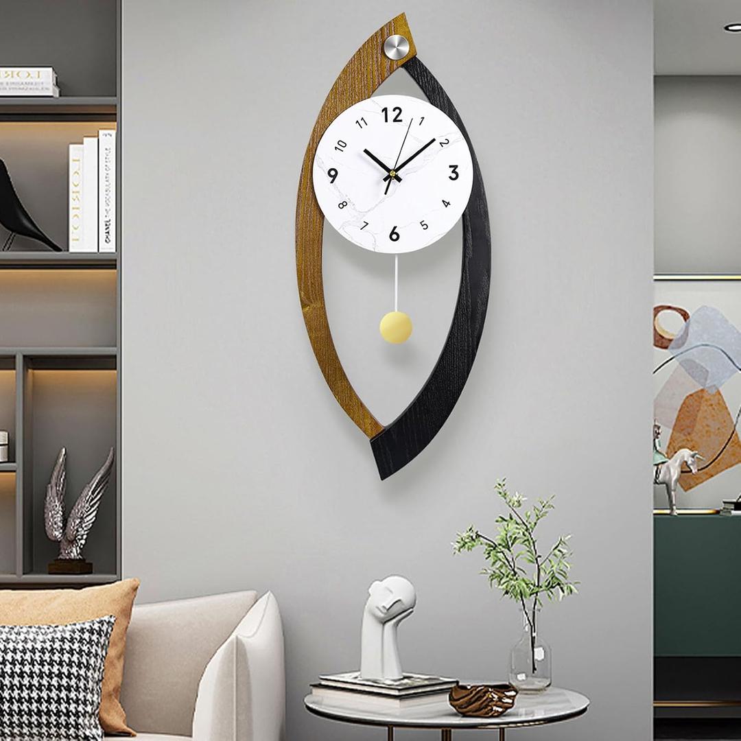23.6 x 9.8inch Decorative Wall Clocks with Pendulum, Large Modern Solid Wood Frame Unique Clock for Wall Decor Living Room,Kitchen,Home,Bathroom,Bedroom - Battery Operated, Silent, Non-Ticking