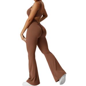 YEOREO Women Workout Scrunch Flare Jumpsuits Sexy Backless Butt Lift Gym Yoga Jumpsuits (Caramel Brown)