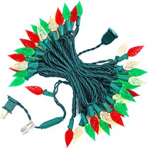 BOHON Red White and Green Christmas Lights Outdoor Faceted C6 50 LED 25ft Plug in Fairy Twinkle Warm String Lights Waterproof Extendable Green Wire for Indoor Patio Xmas Thanksgiving Tree Decoration