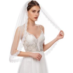 Cobirfam Bridal Veil Lace Edge 1 Tier Fingertip Length Wedding Veil with Comb for Brides (Off-white-29in)