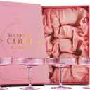 GLASSIQUE CADEAU Vintage Art Deco Blush Pink Coupe Glasses with Gold Rims | Set of 4 | 7 oz Crystal Ribbed Cocktail Glassware for Drinking Champagne, Martini, Cosmopolitan | Girly Speakeasy Saucers