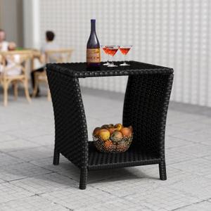 kinbor Small Outdoor Table - Tempered Glass Top Small Outdoor Wicker Side Table with Storage Shelf for Patio, Balcony & Porch, Durable PE Rattan & Iron Frame, 18 inches x 18 inches x 19.7 inches