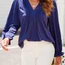 Dokotoo Womens Tops Casual Pleated V Neck Puff Long Sleeve T Shirts Loose Tunic Business Blouse (Blue, S)