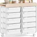 Rolling Storage Cart with 10 Large Drawers, Utility Cart with Wooden TableTop for Craft Organizers, Art Supply Storage, Home Office Organization, Cart with Wheels for Classroom, School, White