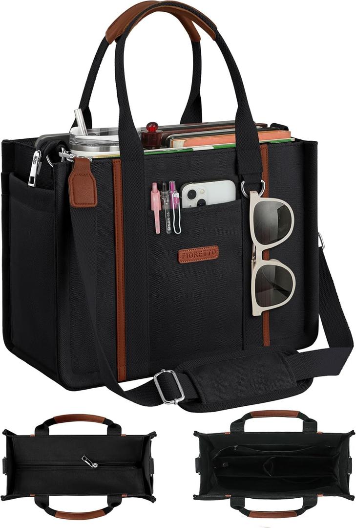 FIORETTO Womens Canvas Tote Bag Purse with Zipper, Multi Compartment & Reinforced Bottom, Ideal for Work, Bible, Travel (Medium, Black)