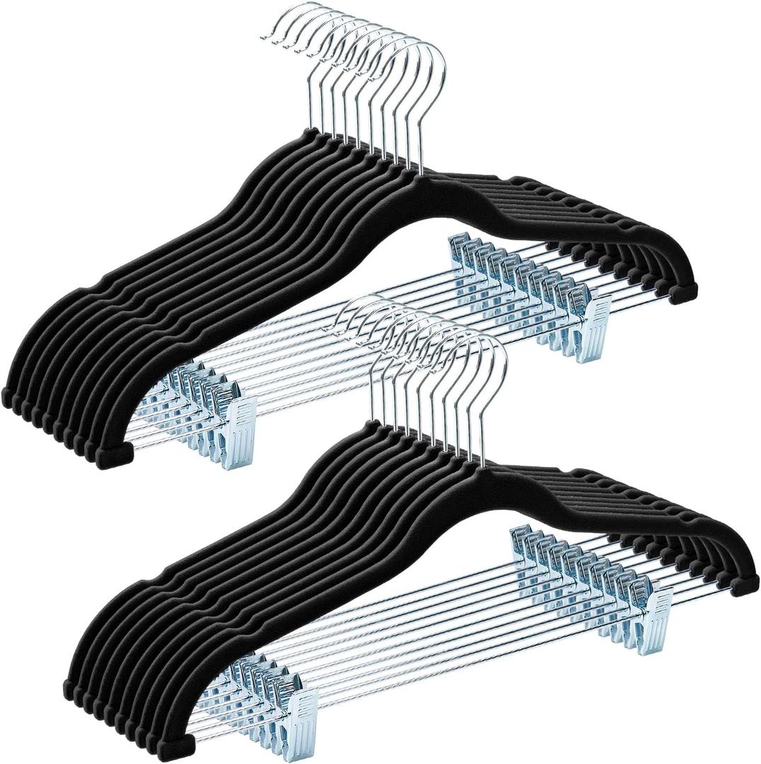 HOUSE DAY Velvet Hangers with Adjustable Clips 20 Pack, Non-Slip Suit Organizer with 360 Hook - Heavy Duty Hanger for Pants, Skirts, Blouses, Dresses - Outfit Hangers All-Season Space Saver (Black)