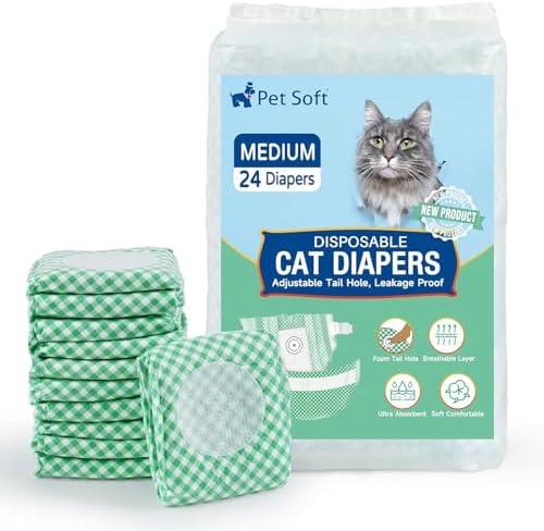 Pet Soft Disposable Cat Diapers for Female & Male Cats, Puppy Doggie Diapers for Female Dogs with Adjustable Foam Tail Hole, Medium (24Pcs, Green)
