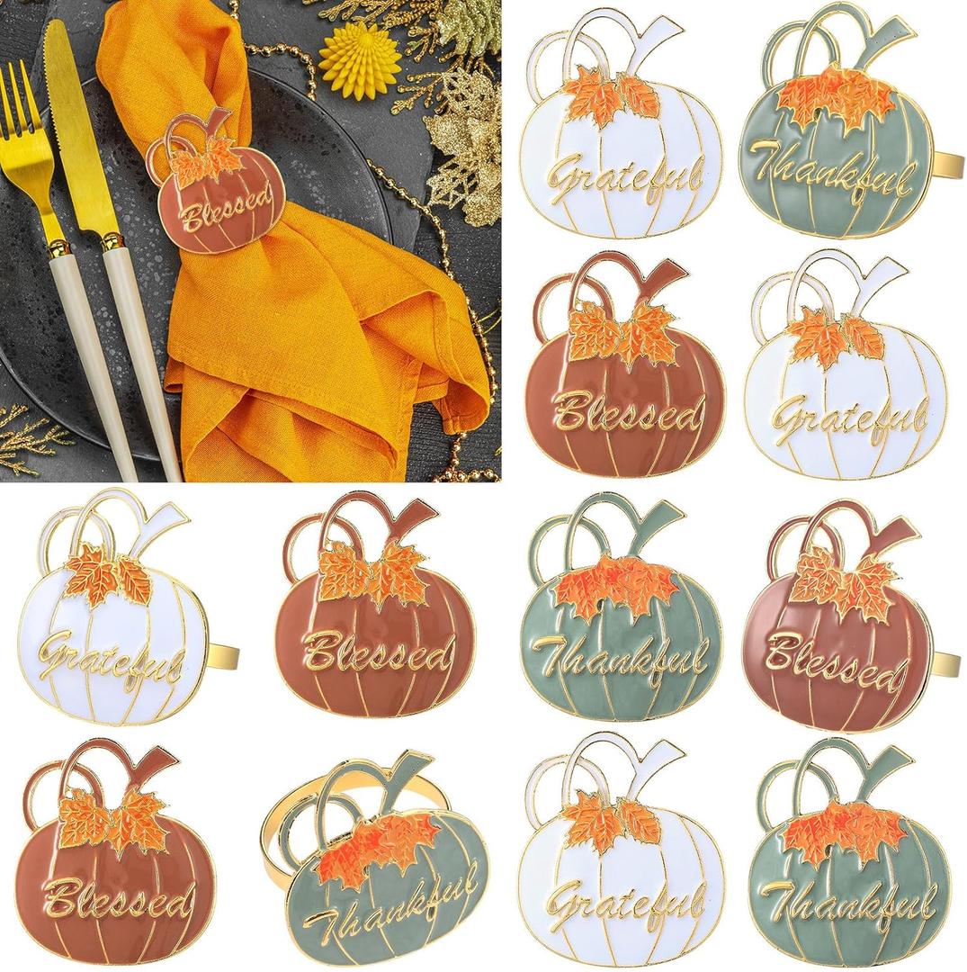 WILLBOND 12 Pcs Thanksgiving Pumpkin Napkin Rings Pumpkin Maple Leaf Napkin Rings for Thanksgiving Halloween Table Decorations, Fall Banquet, Holiday Dinner Party