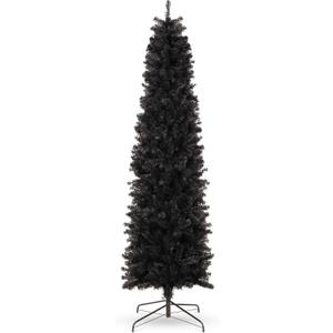  6ft Black Artificial Holiday Christmas Pencil Tree for Home, Office, Party Decoration w/ 608 Tips, Metal Hinges & Base