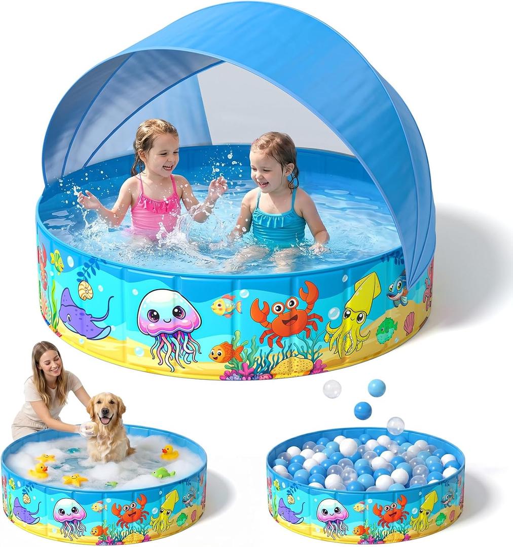 Foldable Kiddie Pool with Canopy 47IN Toddler Baby Pool with Detachable UPF 50+ Shade, Carry Bag Hard Plastic Foldable Swimming Pool Portable Summer Water Play Pool for Outdoor Backyard Beach