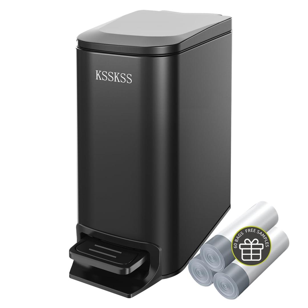 Small Bathroom Trash Can with Soft Close Lid, 6L / 1.6 Gallon Stainless Steel Garbage Can with Removable Inner Bucket, Step Pedal, Slim Wastebasket for Bedroom, Home Office (Matt Black)