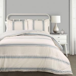 Lush Decor Farmhouse Stripe Reversible Cotton Comforter Set, 3 Piece Set, Full/ Queen, Blue - Cozy Frmhouse Bedding Set - Rustic Decor - Striped Comforter - Modern Farmhose Bedroom Decor