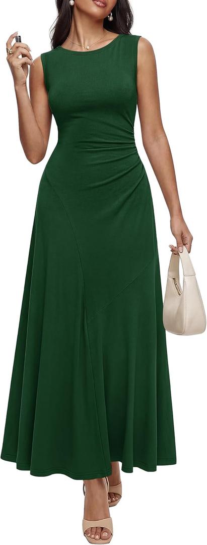 MASCOMODA Summer Casual Sleeveless Maxi Dresses for Women 2026 Spring Ruched A Line Flowy Tank Beach Vacation Long Sundress (Medium, Green)