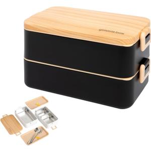 gimmiebox premium stainless steel bento box lunch box with compartments for adults, spoon and fork, leak-proof, easy side locks (Black)