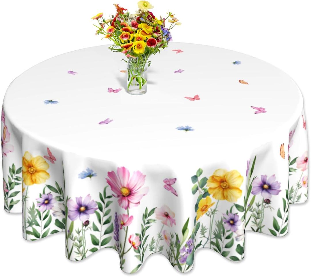 Summer Floral Tablecloth Round 60 Inch, Wildflowers Butterfly Table Cloth Washable Table Cover for Anniversary Wedding Party Picnic Kitchen Dinner Spring Decor