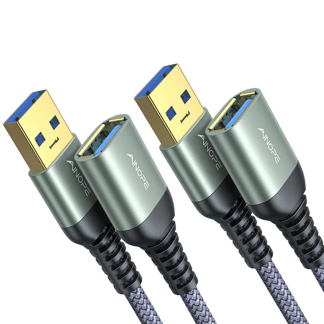 AINOPE 2 Pack USB Extensions Cable High Speed USB 3.0 Extension Cord Type A Male to Female Sturdy Braided Material Fast Data Transfer Compatible with USB Keyboard,Mouse,Flash Drive,Grey,10FT+10FT